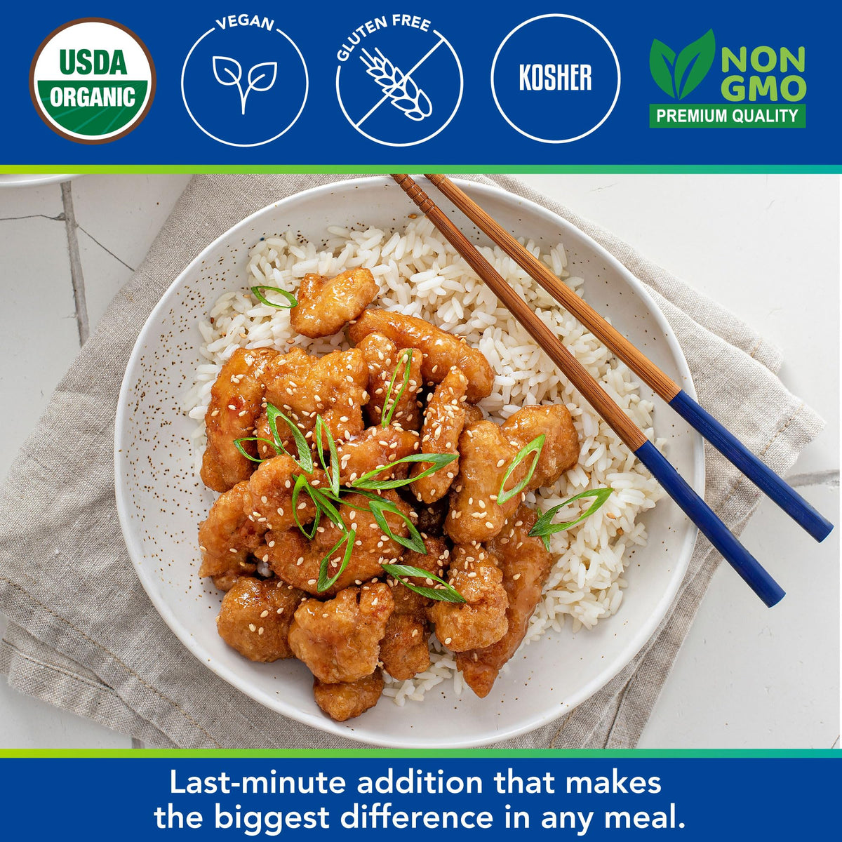 Kevala organic label on the bag signals kosher, vegan, and non-GMO quality