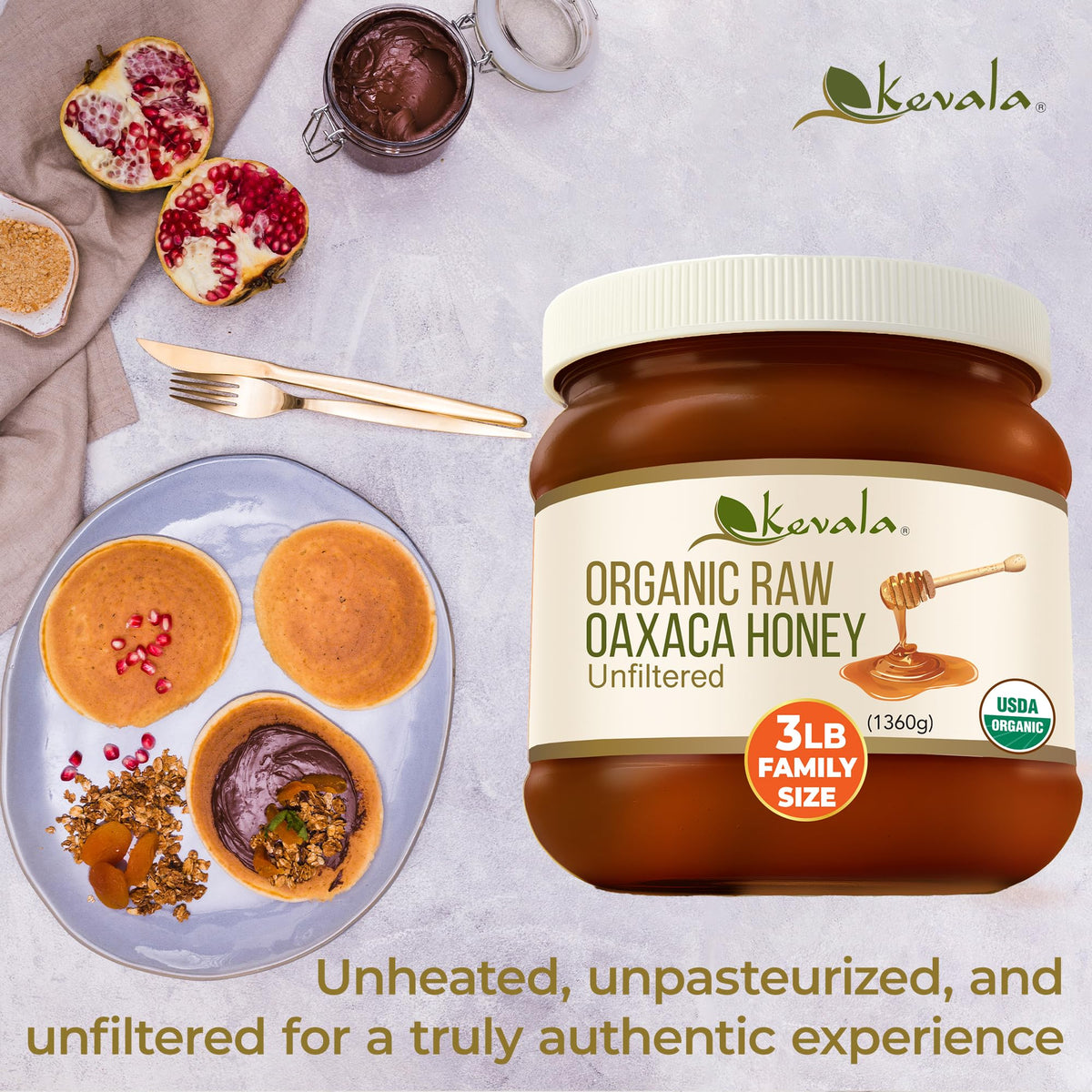 Kevala Organic Oaxaca Honey in a bowl with salad dressing, golden hue