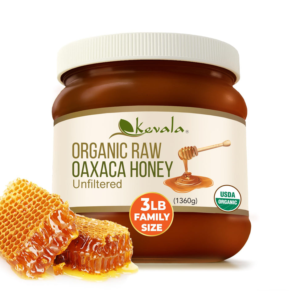 Kevala Organic Oaxaca Honey jar close-up shows rich amber glow for drizzle
