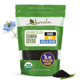 Kevala Organic Black Cumin Seeds in a glass bottle, gluten-free flavor for salads and more.