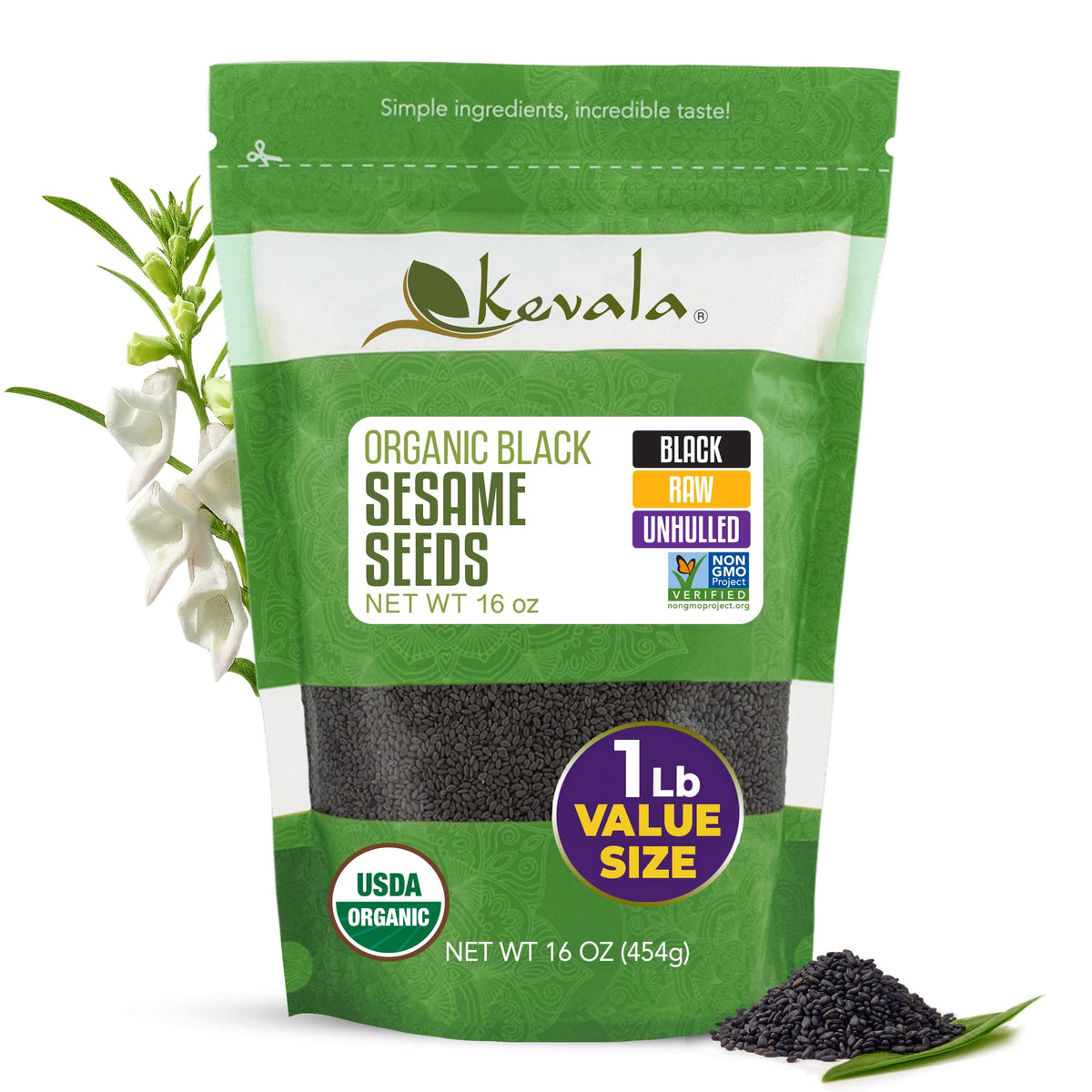 Kevala black sesame seeds bag front, organic and ready to sprinkle on salads