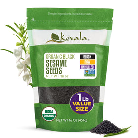 Kevala black sesame seeds bag front, organic and ready to sprinkle on salads