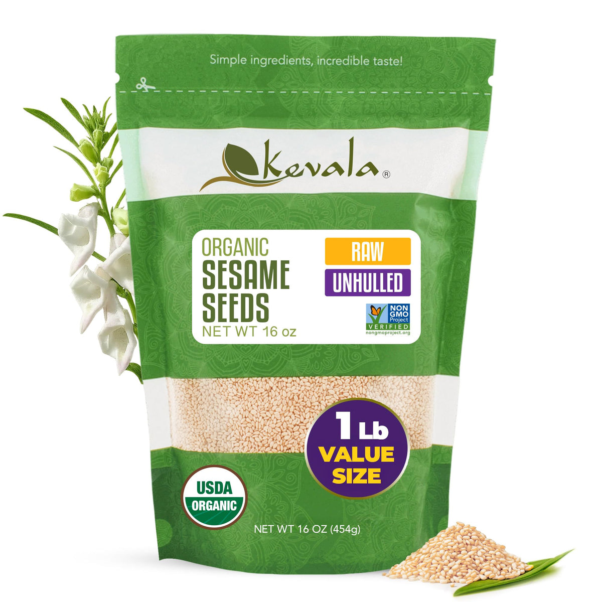 Kevala organic raw sesame seeds packaging close-up highlighting purity
