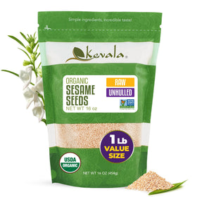 Kevala organic raw sesame seeds packaging close-up highlighting purity