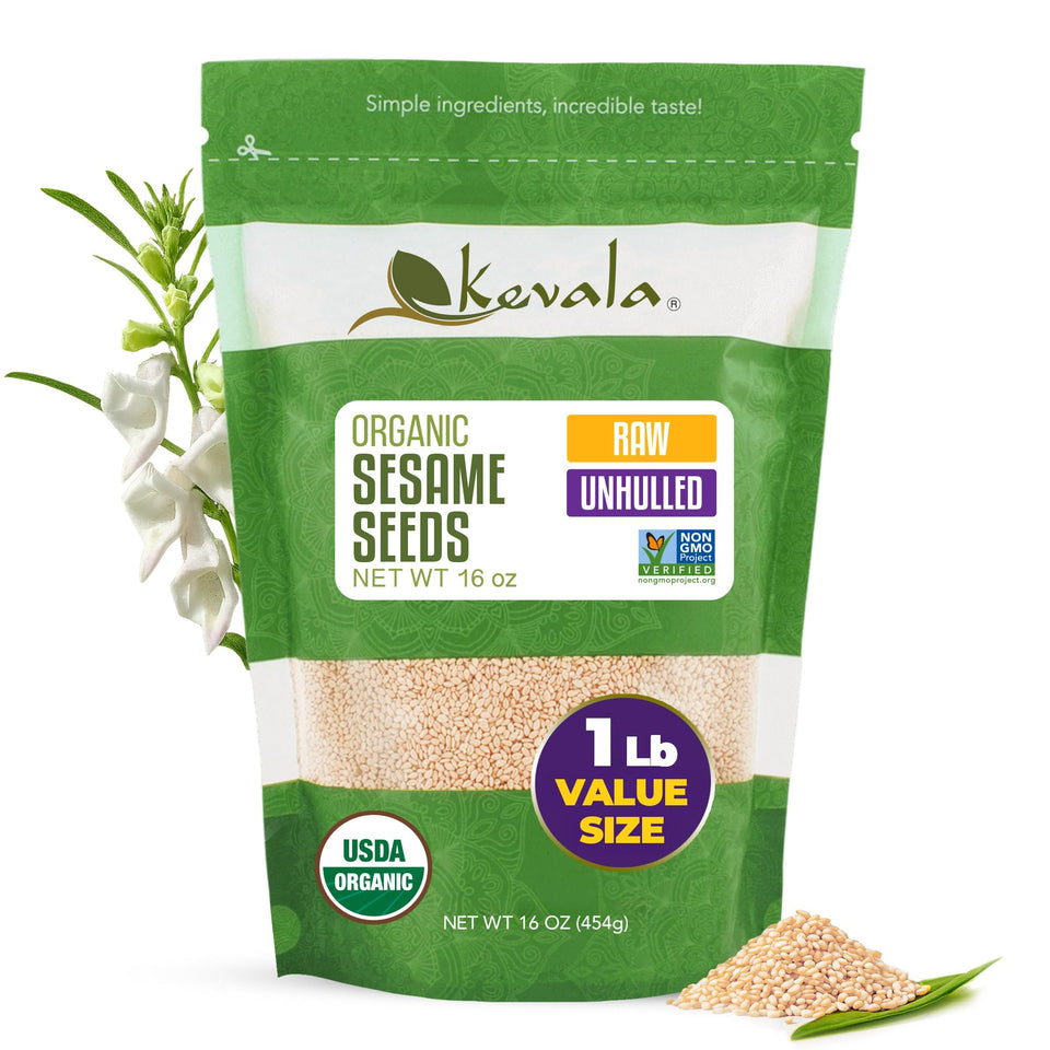 Kevala organic raw sesame seeds packaging close-up highlighting purity