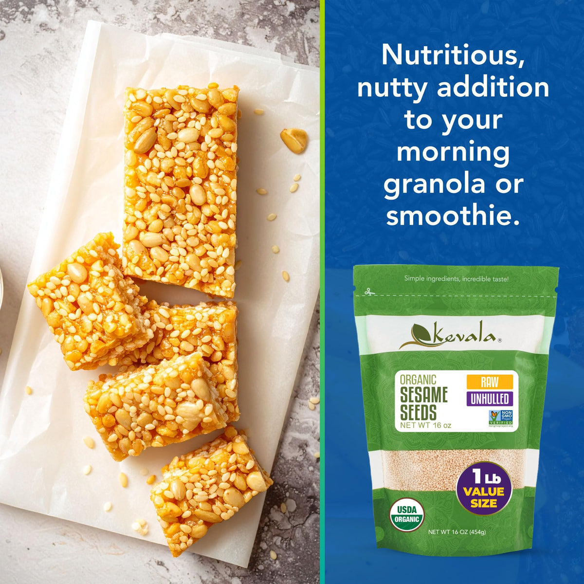 Kevala sesame seeds sprinkled on a salad for crunch and aroma
