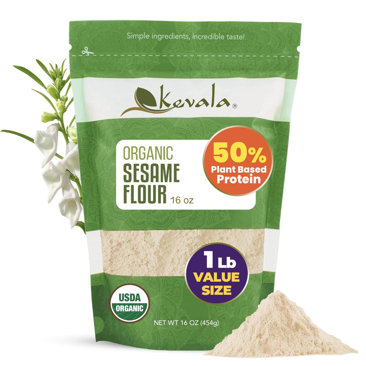 Kevala Organic Sesame Flour pack highlighting gluten free and non GMO nutrition for baking.