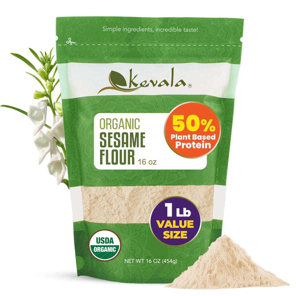 Kevala Organic Sesame Flour pack highlighting gluten free and non GMO nutrition for baking.