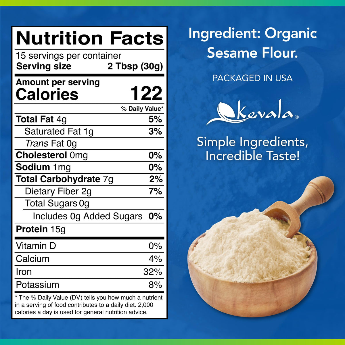 Kevala Organic Sesame Flour scoop ready for high protein batter preparation.