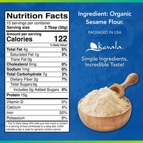 Kevala Organic Sesame Flour scoop ready for high protein batter preparation.