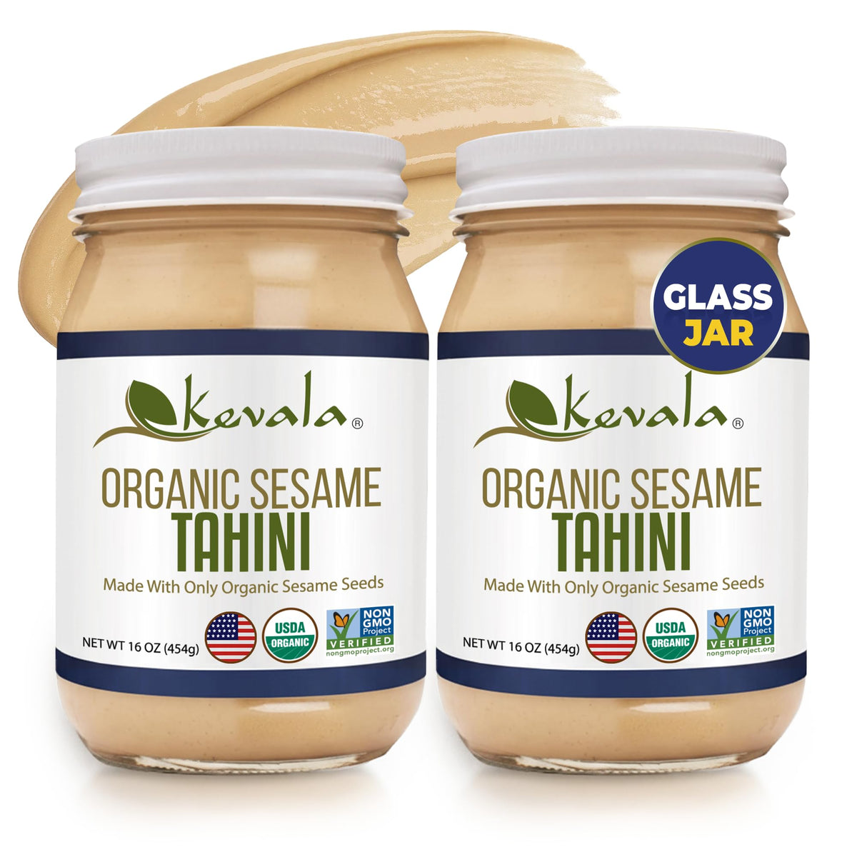 Kevala Organic Sesame Tahini bottle showing creamy paste ideal for dressings