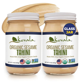Kevala Organic Sesame Tahini bottle showing creamy paste ideal for dressings