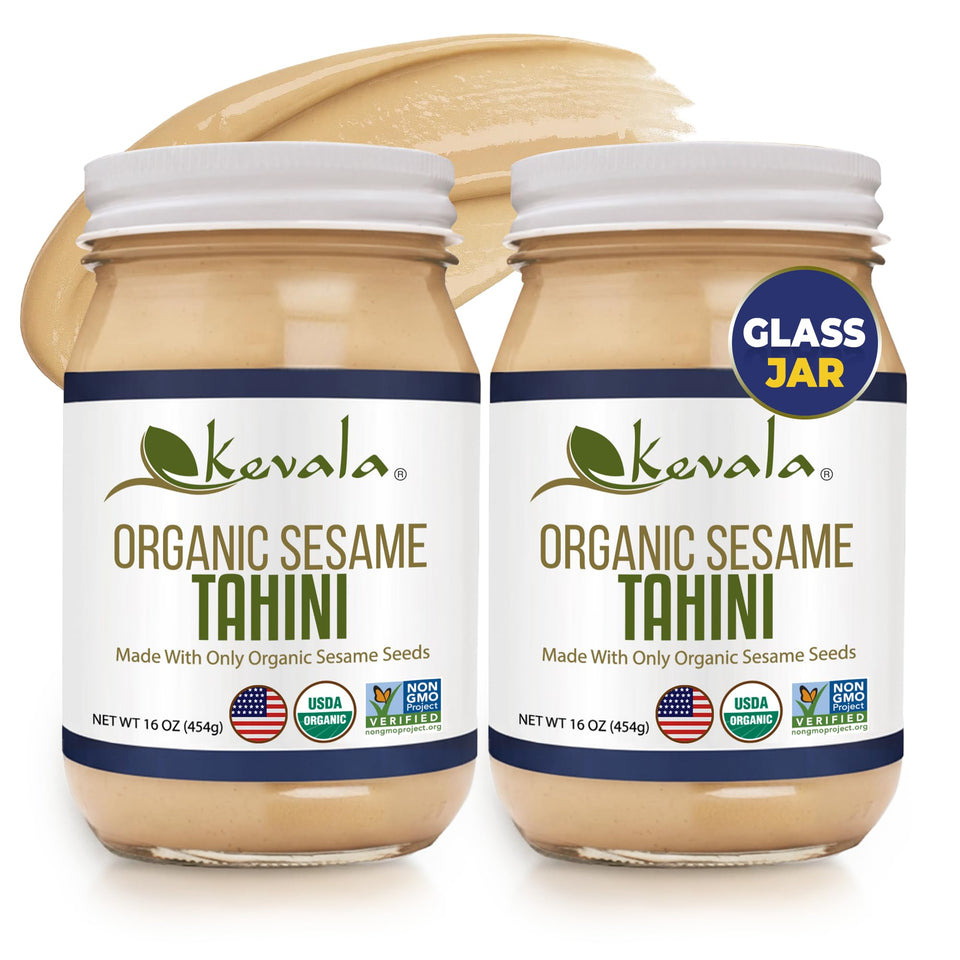 Kevala Organic Sesame Tahini bottle showing creamy paste ideal for dressings