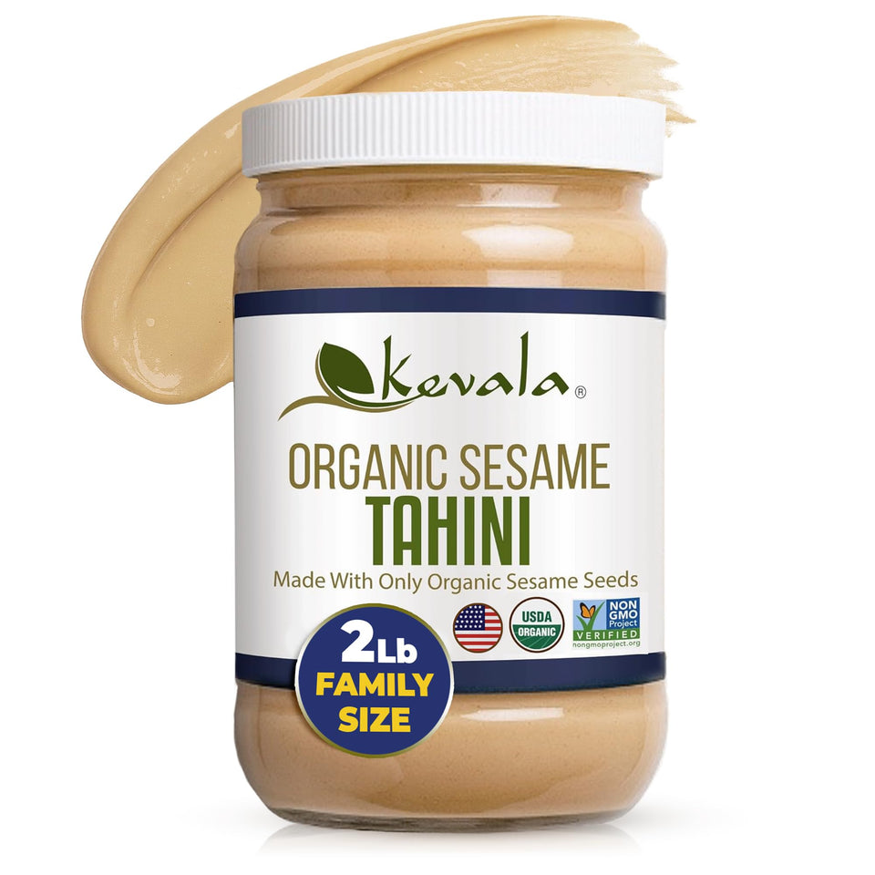 Kevala Organic Sesame Tahini jar front for versatile pantry staple and spread-ready paste.