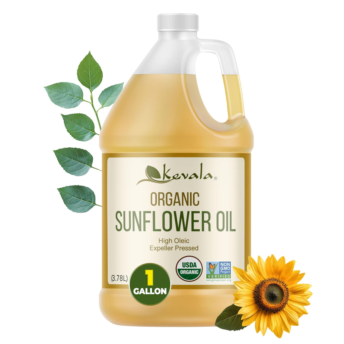 Kevala Organic Sunflower Oil bottle on the counter for versatile cooking.