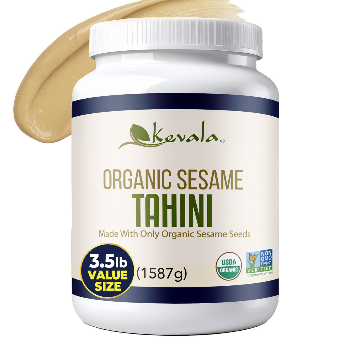 Kevala Organic Tahini jar side view showing creamy paste for versatile cooking