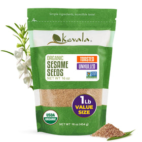 Kevala toasted sesame seeds unhulled in a resealable bag for pantry freshness.