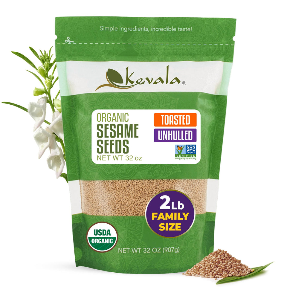 Kevala organic toasted sesame seeds in a resealable bag for cooking
