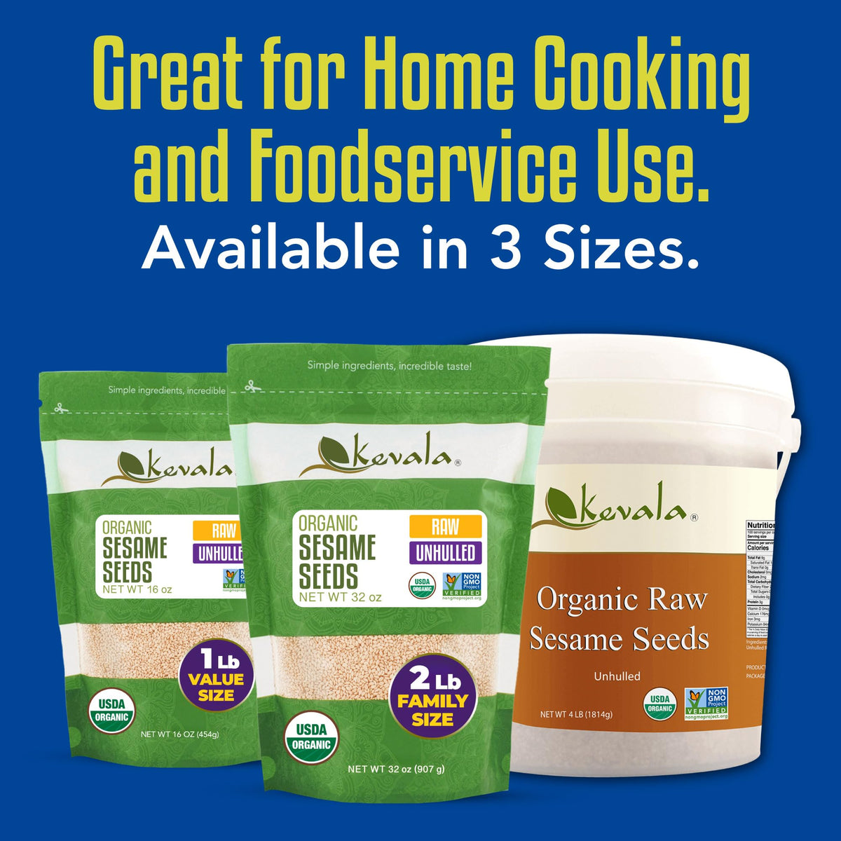 Kevala resealable bag of sesame seeds emphasizing easy storage and freshness.