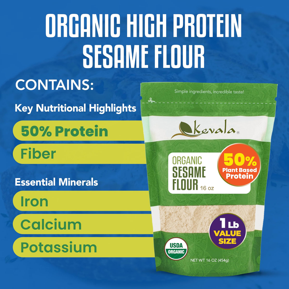 Kevala Sesame Flour bowl ready for baking with a subtle nutty aroma.