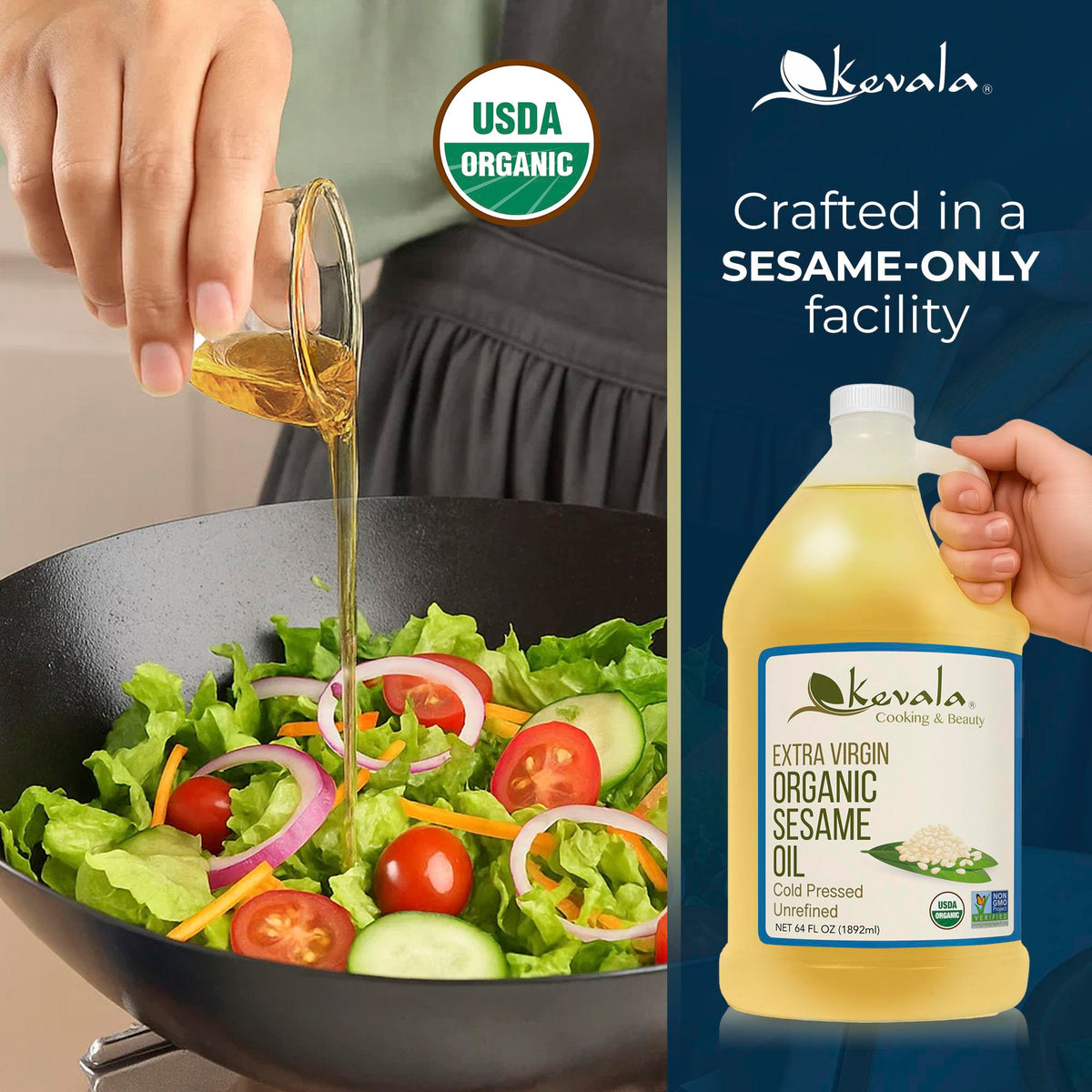 Kevala sesame oil bottle on kitchen counter ready to use.