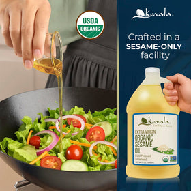 Kevala sesame oil bottle on kitchen counter ready to use.