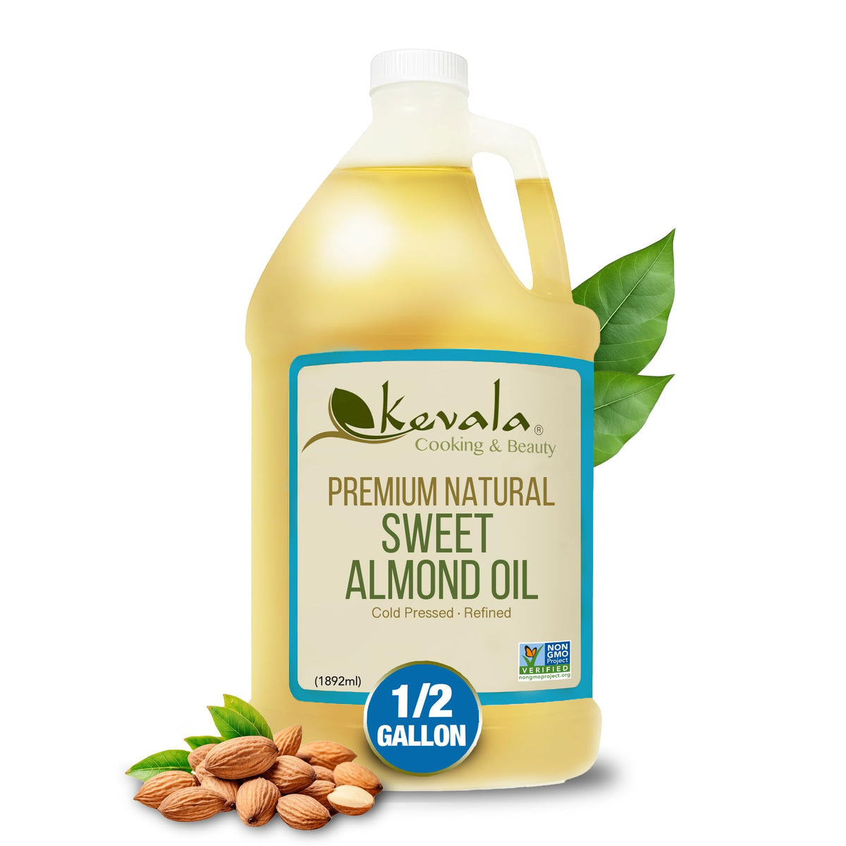 Kevala Sweet Almond Oil bottle pour for smooth skin and mild aroma.