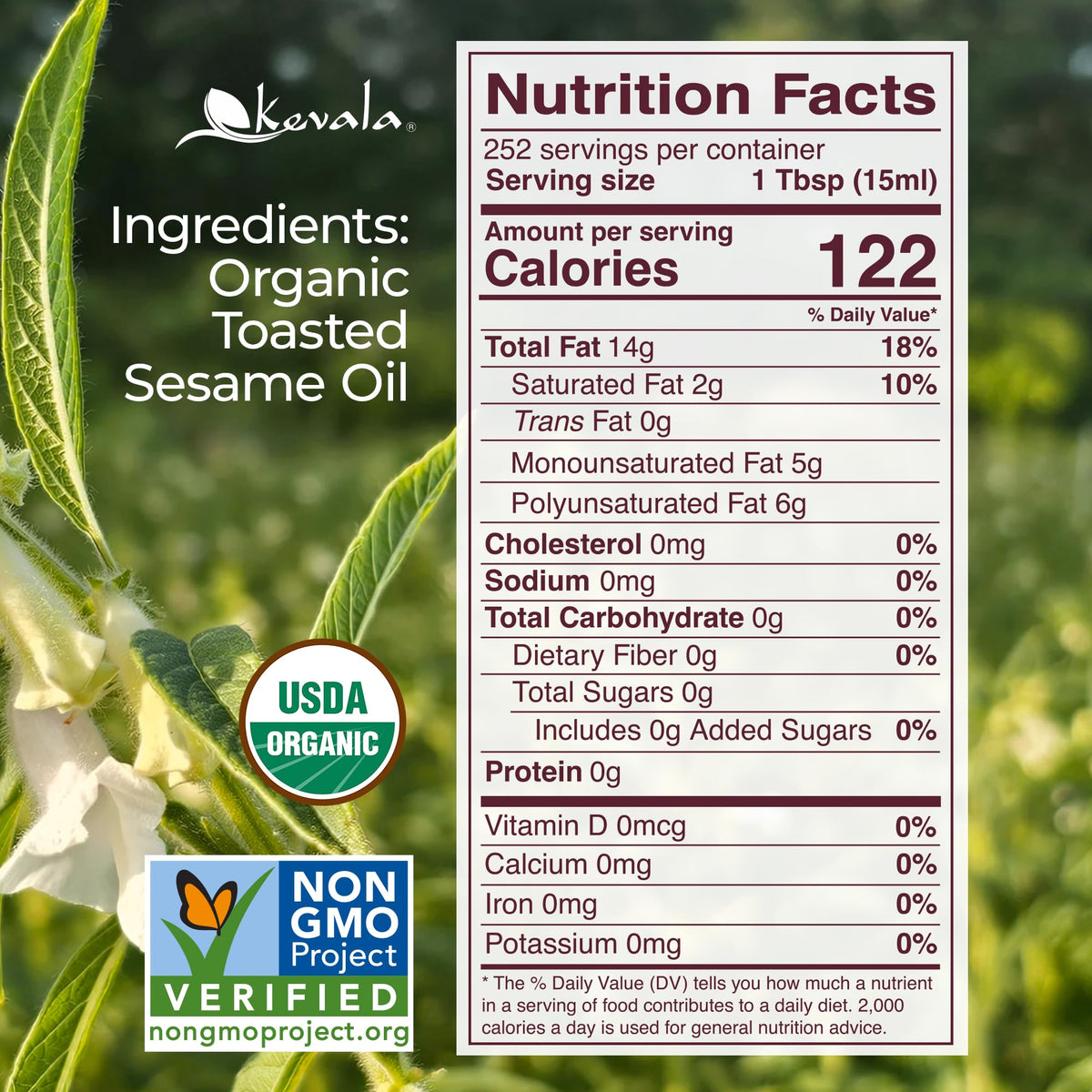 Kevala toasted sesame oil 64oz jug stored in a pantry for versatile cooking.