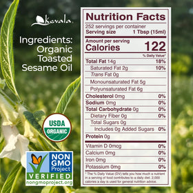 Kevala toasted sesame oil 64oz jug stored in a pantry for versatile cooking.