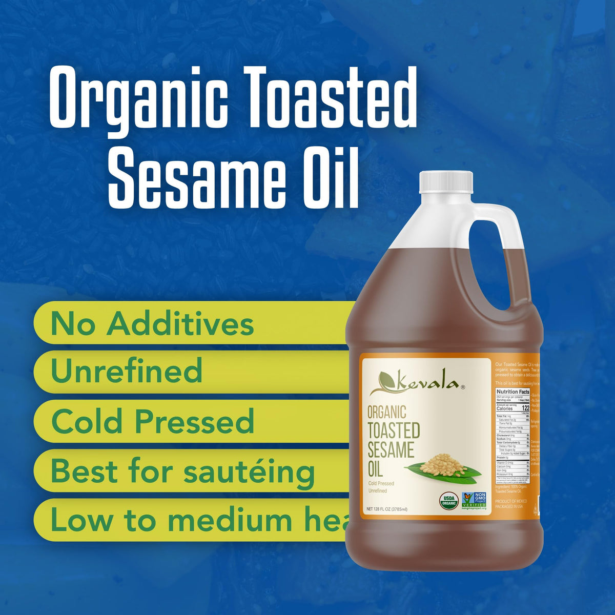 Kevala organic toasted sesame oil amber glass bottle close-up