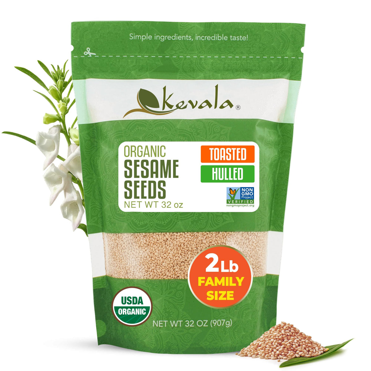 Kevala toasted sesame seeds bag showing organic, non-GMO pantry staple