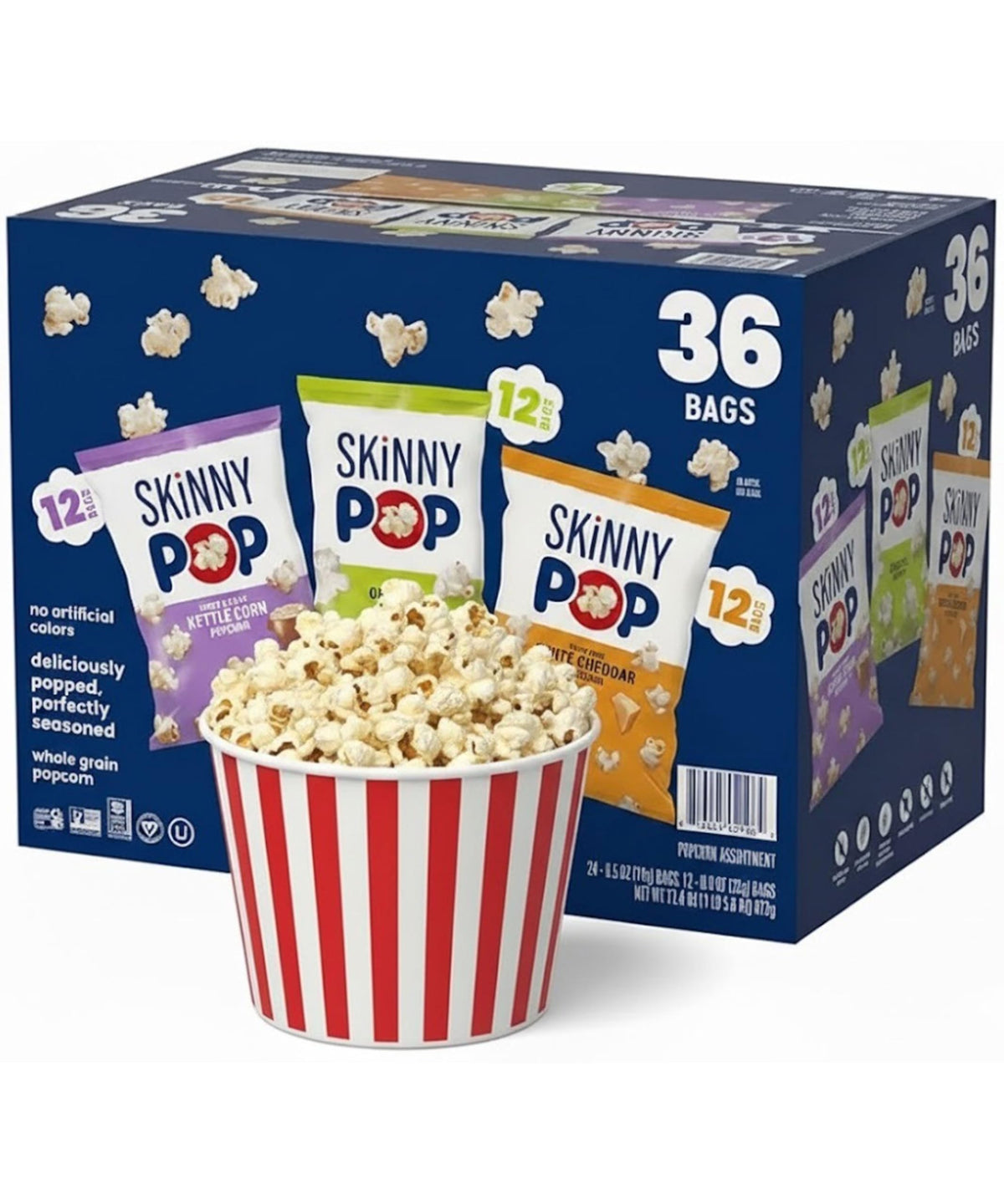 Kevcooper Real Popcorn 36-pack variety display, perfect for school and home snacking.