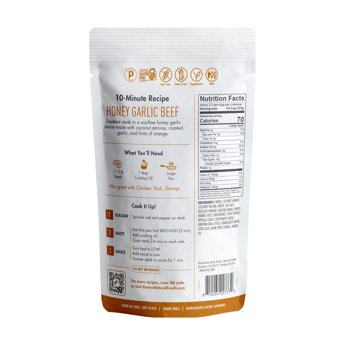 Kevin's bottle back-of-pack provides a 10-minute dinner idea