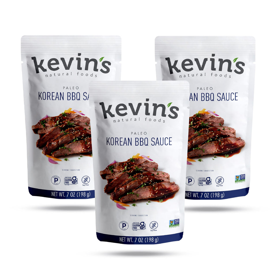 Kevin's Korean BBQ sauce bottle highlighting coconut aminos for clean, flavorful meals.