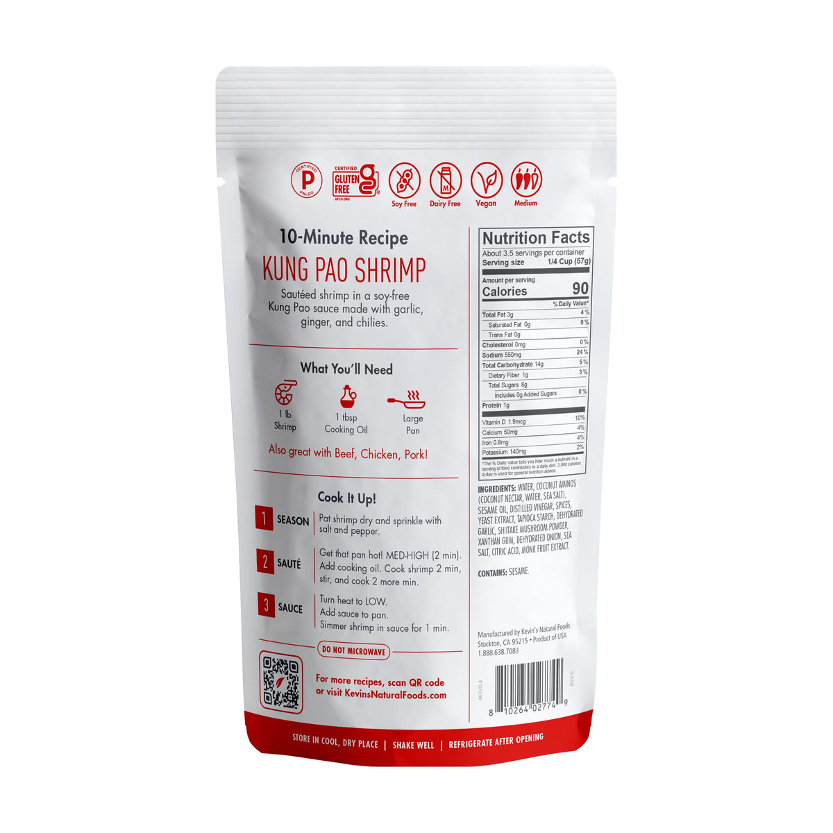 Kevin's Kung Pao sauce 3-pack on pantry shelf