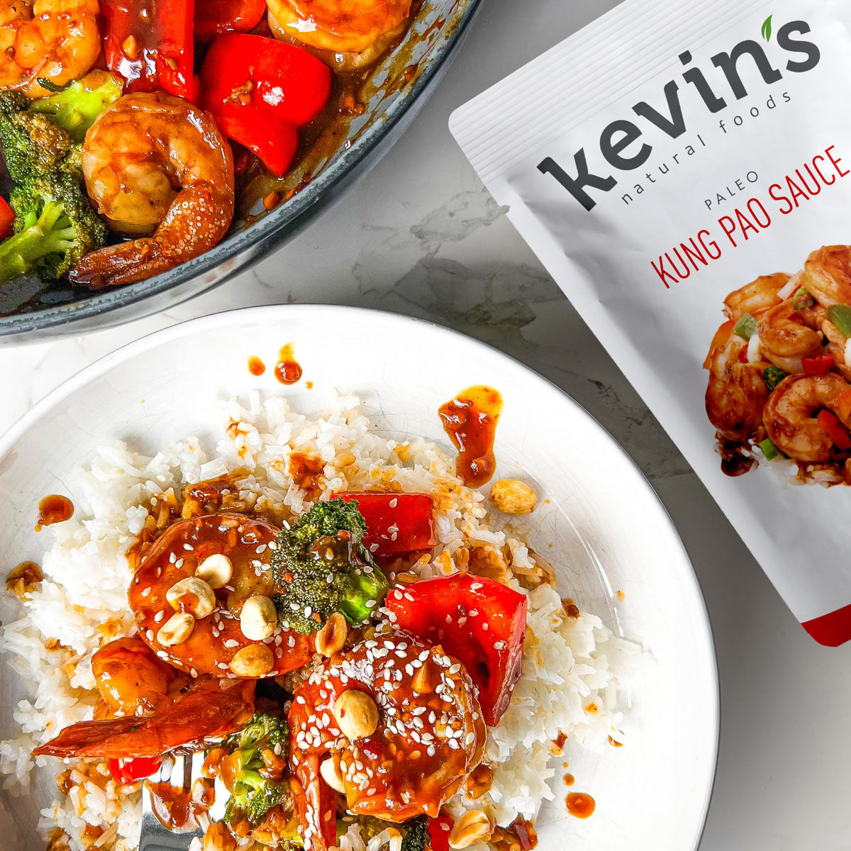 Kevin's Natural Foods Kung Pao simmer sauce bottle ideal for spicy skillet meals