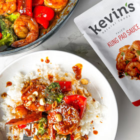 Kevin's Natural Foods Kung Pao simmer sauce bottle ideal for spicy skillet meals