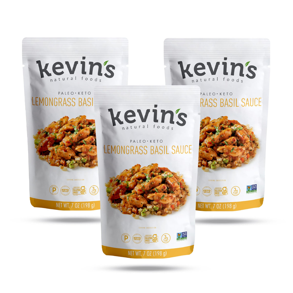 Kevin's Lemongrass Basil Sauce bottle on shelf, gluten-free and keto-friendly.