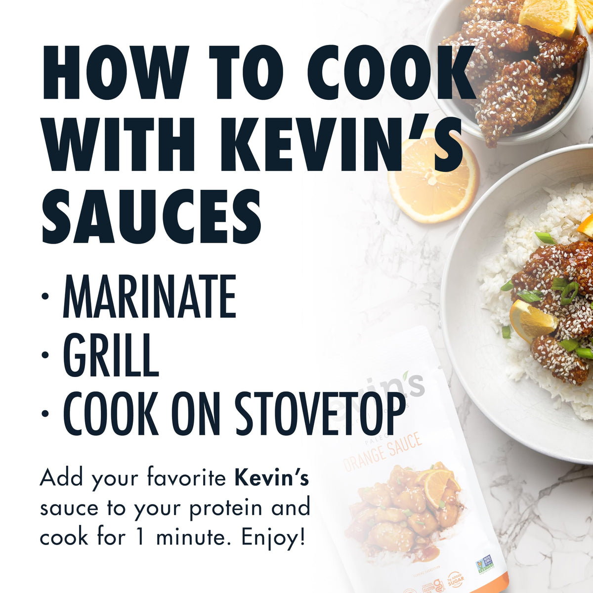 Kevins Natural Foods Orange Sauce stir-fry dish plated with veggies