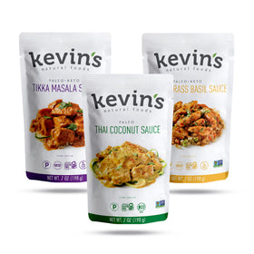 Kevin's Natural Foods Paleo simmer sauce variety with tikka, ready for quick Indian-style meals.