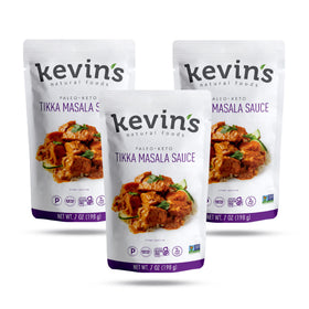 Kevin's Natural Foods Tikka Masala sauce label close-up for quick weeknight flavor