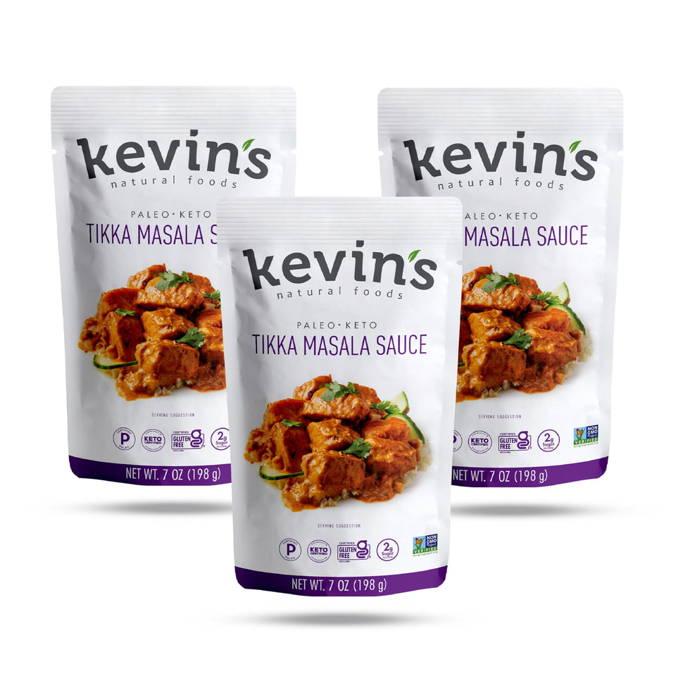 Kevin's Natural Foods Tikka Masala sauce label close-up for quick weeknight flavor