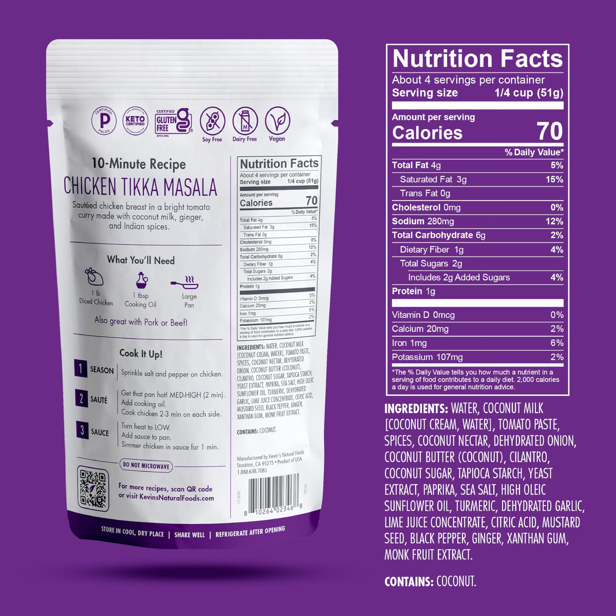 Kevin's Natural Foods Tikka Masala on pantry shelf, a ready gluten-free option