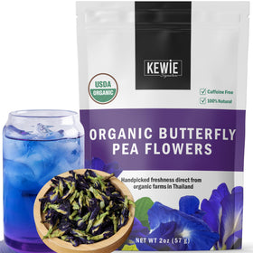 KEWIE Signature butterfly pea tea packaging signals premium organic quality for mindful sipping.