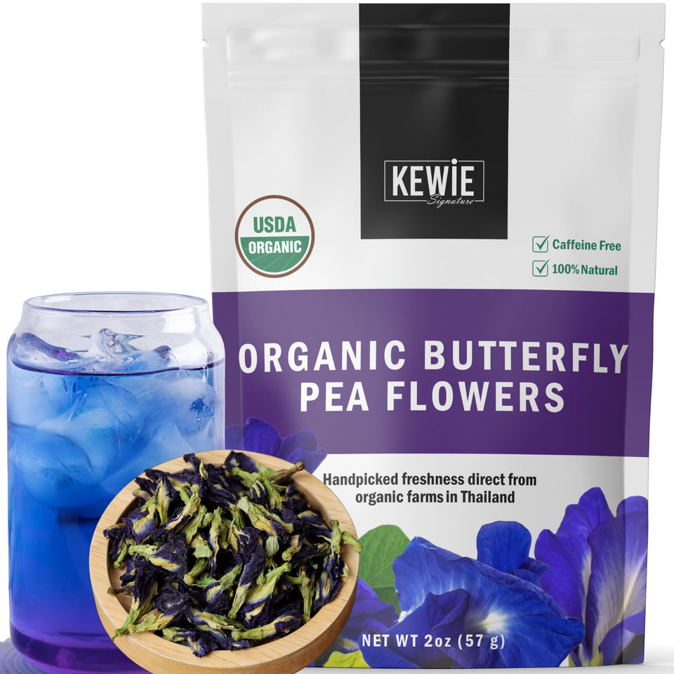 KEWIE Signature butterfly pea tea packaging signals premium organic quality for mindful sipping.