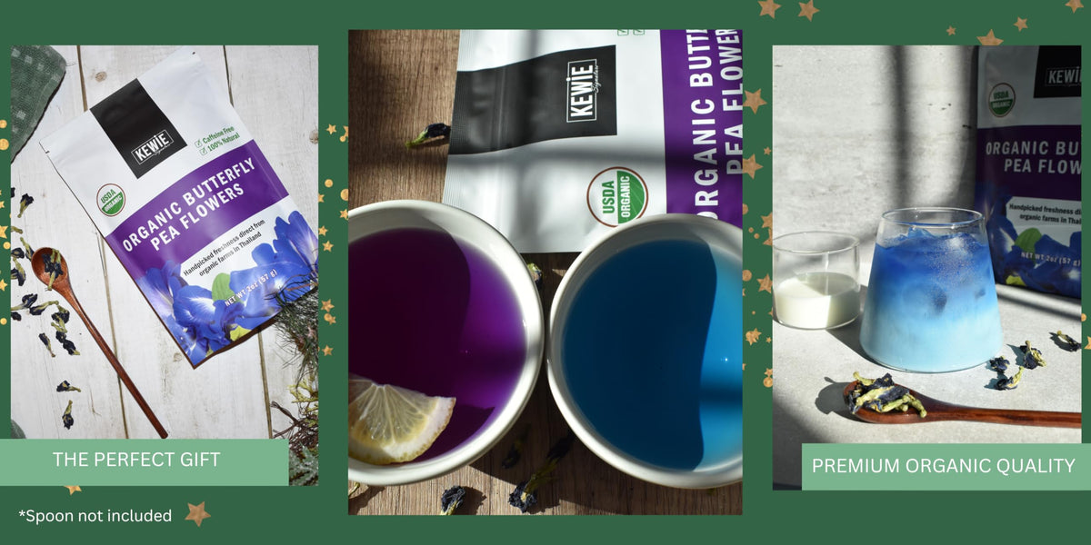 KEWIE Signature loose leaf tea bouquet for brewing rich, vibrant blue cups.