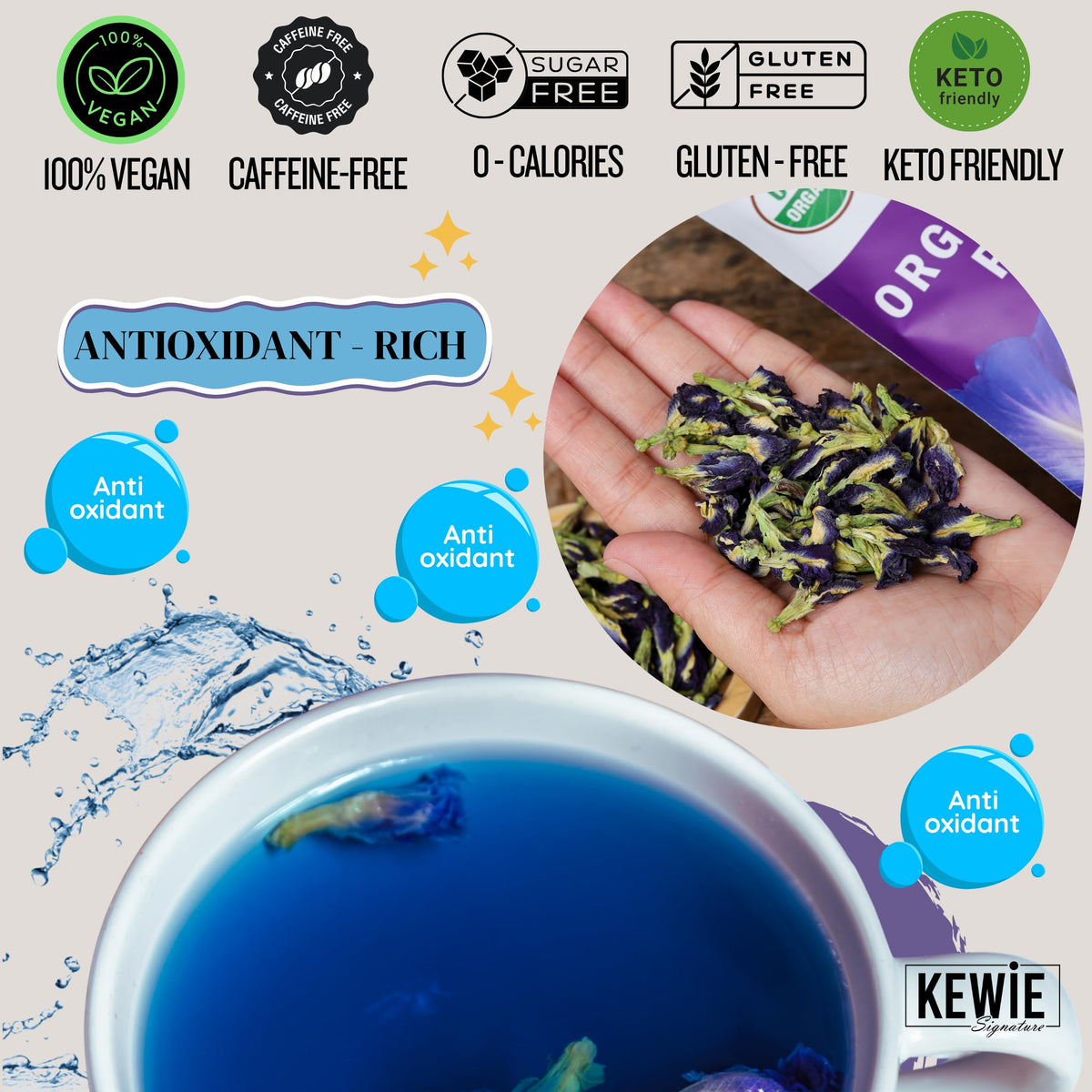 KEWIE Signature steeping butterfly pea tea in a cup reveals color magic.