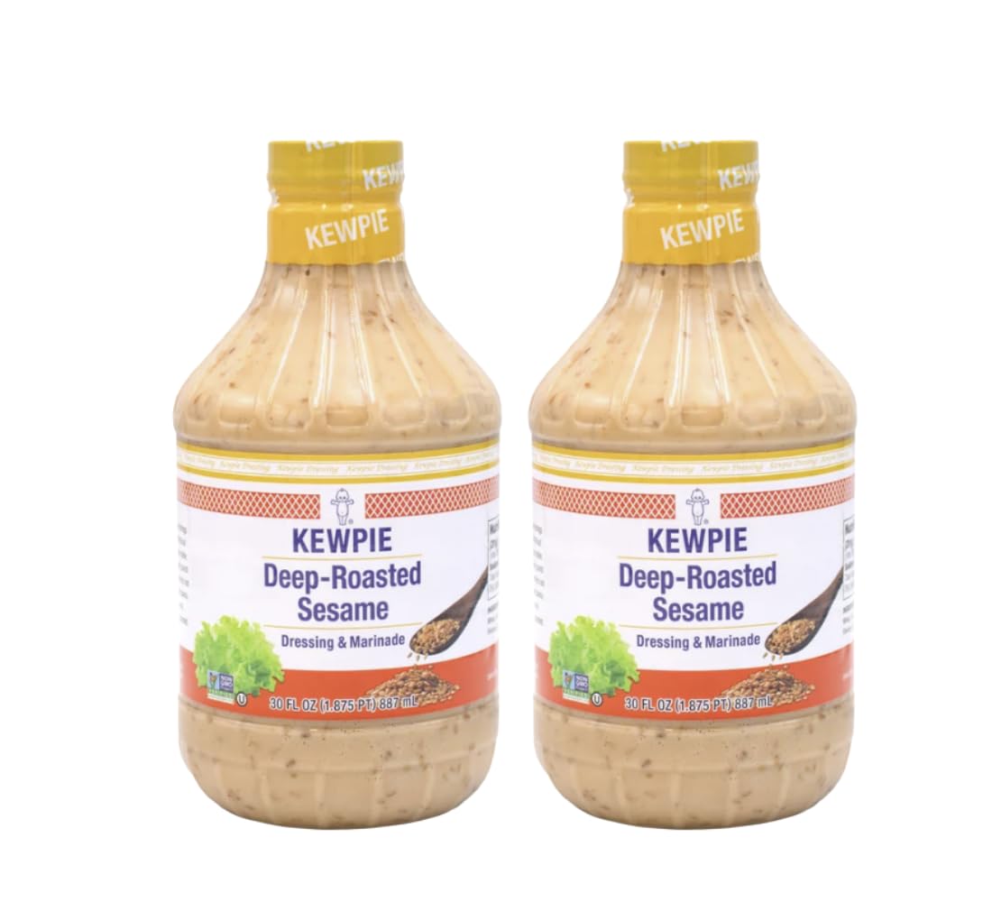Kewpie Creamy Deep Roasted Sesame Dressing on a plate with greens highlights versatile use
