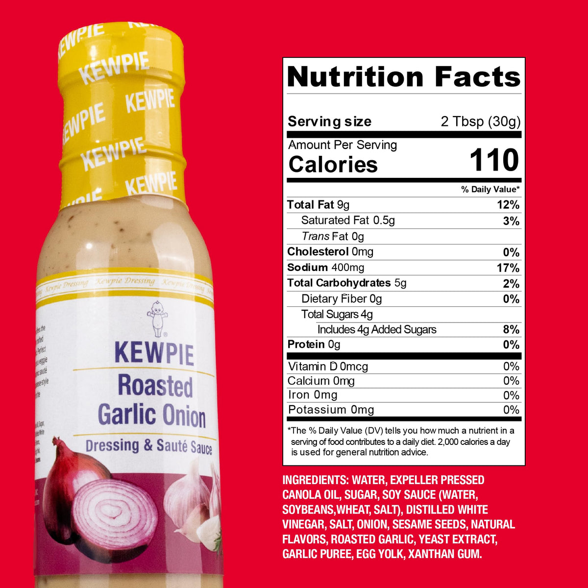 Kewpie Roasted Garlic Onion Dressing being poured over greens for vibrant flavor