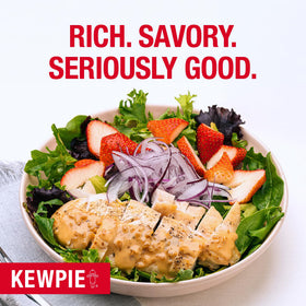 Kewpie Roasted Garlic Onion Dressing on a salad bowl adds savory depth